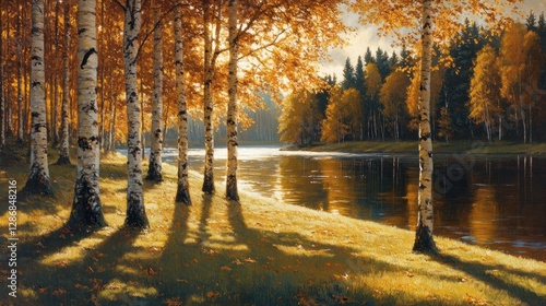 Golden Autumn Birches on Riverbank with Sunlit Shadows and Calm Water