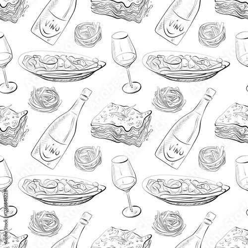 vector seamless pattern line art elements - food, cuisine