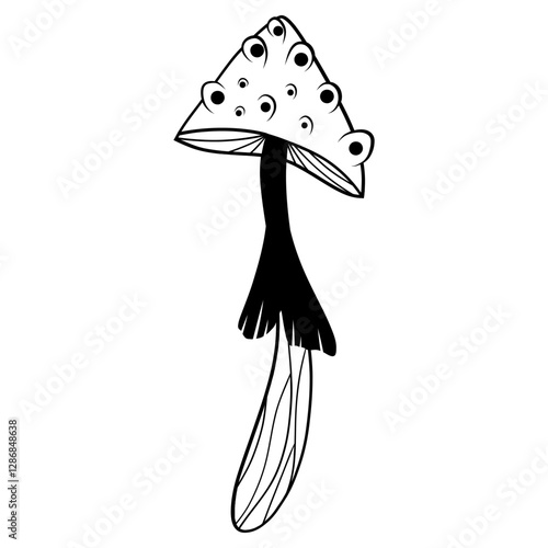 Mystical mushroom in doodle style, outline, silhouette. Whimsical, fantastic mushroom.