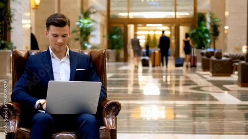 Wallpaper Mural Young Businessman using laptop in hotel lobby while people are going out with luggage  in background. Traveling and business concept. Torontodigital.ca