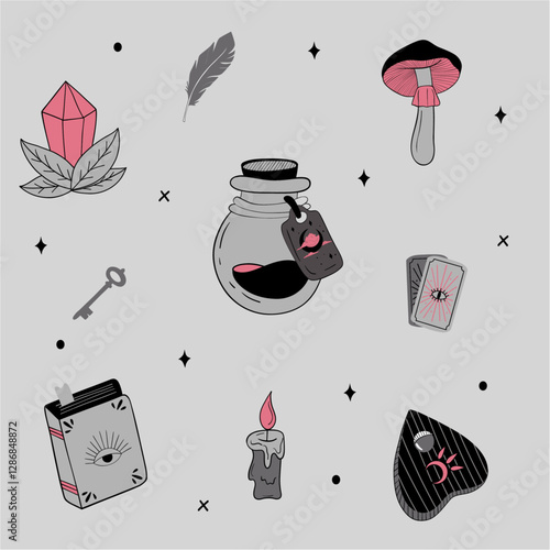 Collection of witchcraft elements. Magic book, Ouija board, potion, candle, tarot cards, crystal. Boho style. Autumn holiday party decoration