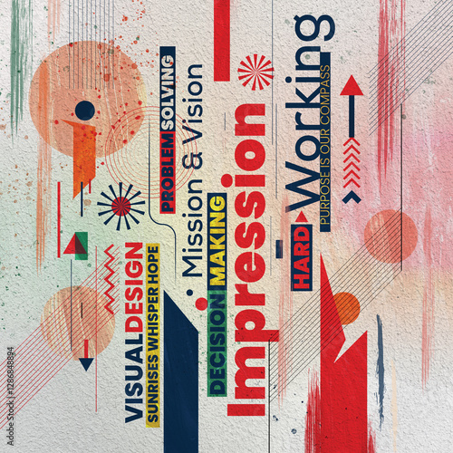 Composition of graphical shapes and typography digital art with grunge background with dollar sign