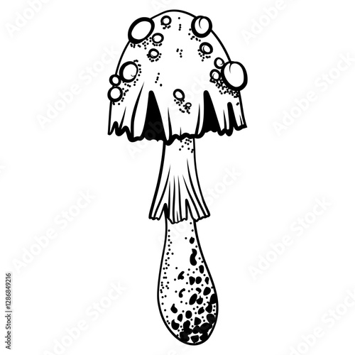 Mystical mushroom in doodle style, outline, silhouette. Whimsical, fantastic mushroom.