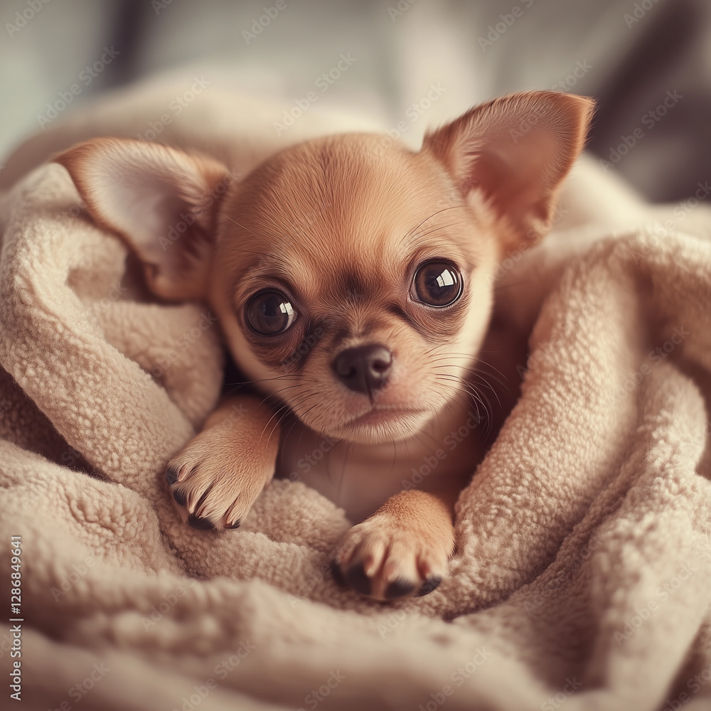 Adorable chihuahua puppy wrapped in a cozy blanket Adorable chihuahua puppy wrapped in a cozy blanket