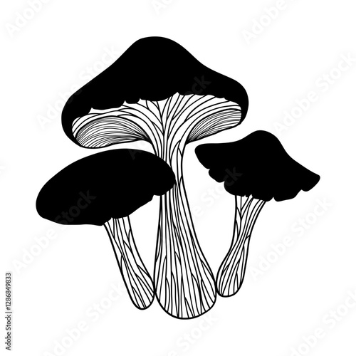 Mystical mushroom in doodle style, outline, silhouette. Whimsical, fantastic mushroom.