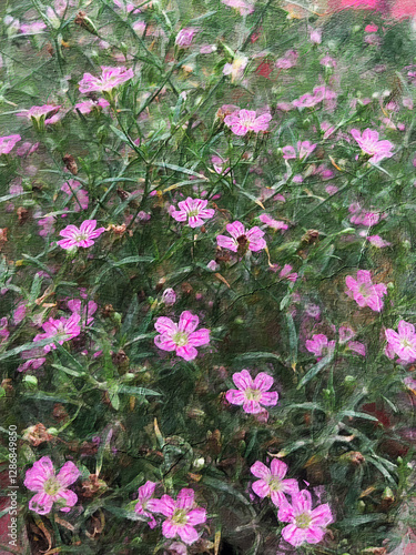 Pink Flowers in the Garden digital illustration