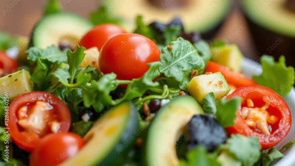 Close-up of fresh salad with avocado, cherry tomatoes, and leafy greens, natural light. Close-up of fresh salad with avocado, cherry tomatoes, and leafy greens, natural light.