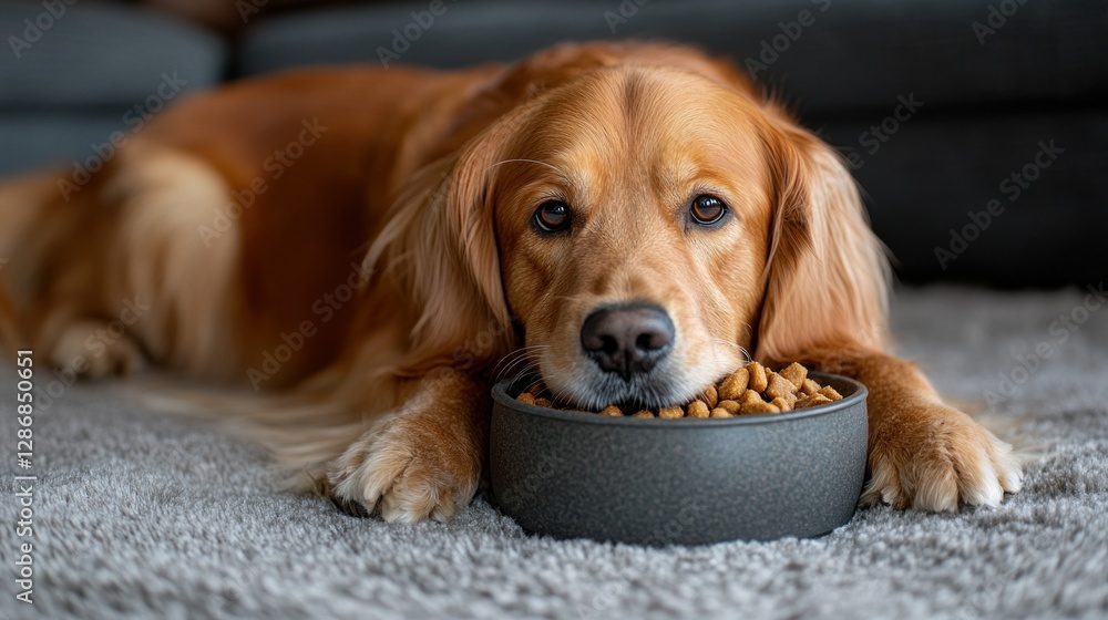Golden Retriever eating dog food on fuzzy rug near couch Golden Retriever eating dog food on fuzzy rug near couch