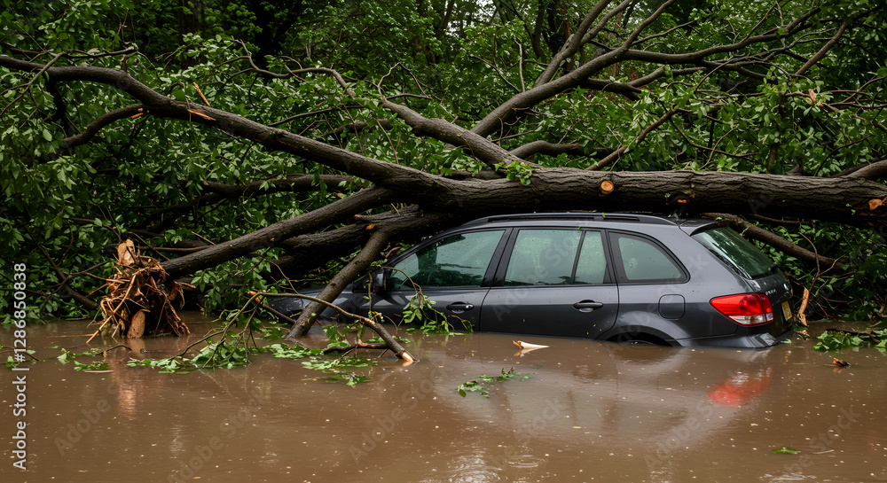 Car almost completely submerged by flood water with tree branches resting on windshield, illustrating aftermath of natural disaster. Car almost completely submerged by flood water with tree branches resting on windshield, illustrating aftermath of natural disaster.