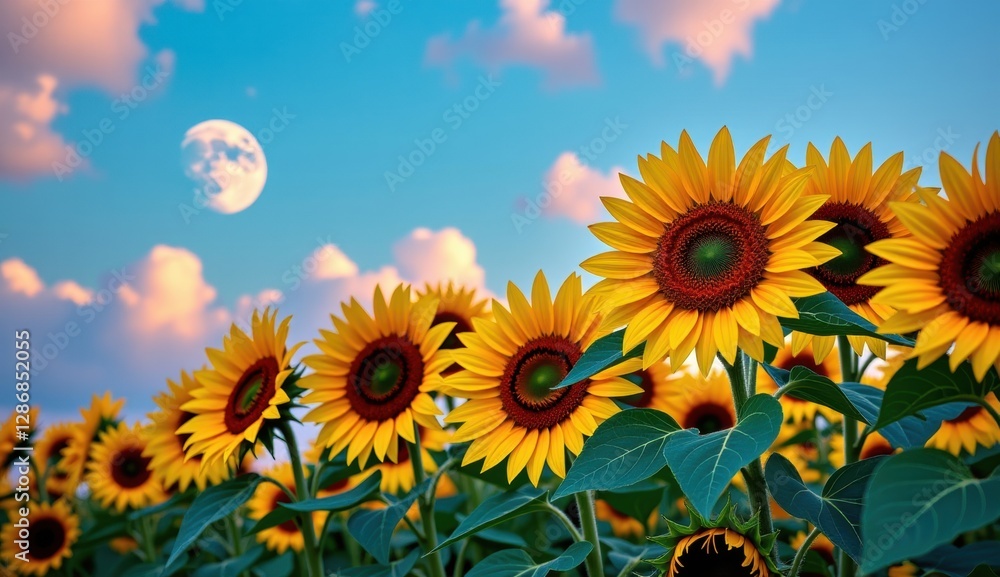 Obraz premium Sunflowers bloom under a vibrant sky with a full moon and clouds during sunset