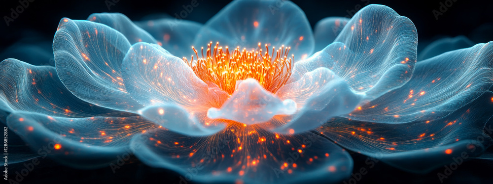 Obraz premium Glowing luminous flower. A vibrant flower glows against a dark background, showcasing intricate petals and luminous stamen details.
