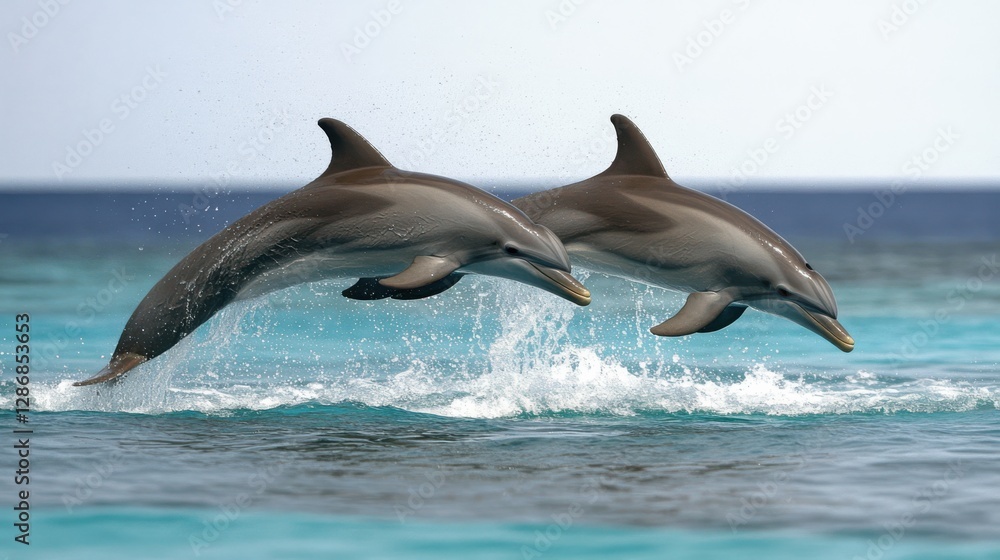 Fototapeta premium Two dolphins soar elegantly over the serene blue ocean, showcasing their agility and freedom, creating a mesmerizing, natural spectacle.