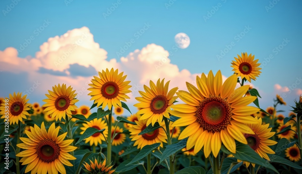 Sunflowers bloom under a vibrant sky with a full moon and clouds during sunset Sunflowers bloom under a vibrant sky with a full moon and clouds during sunset