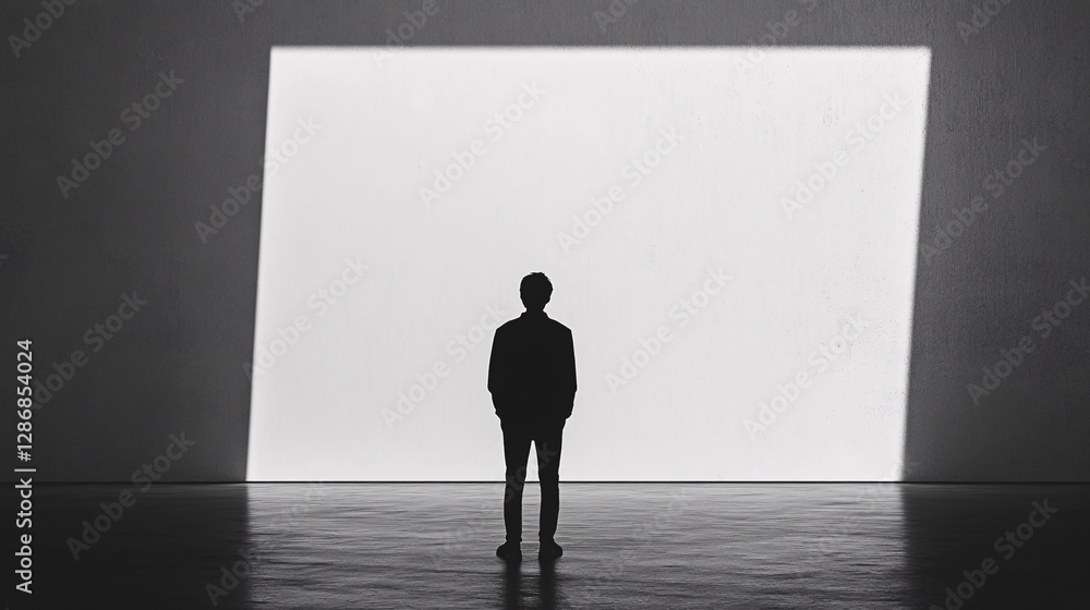 Obraz premium a solitary man in a dark room stands before a large glowing white panel casting a striking contrast between light and shadow 