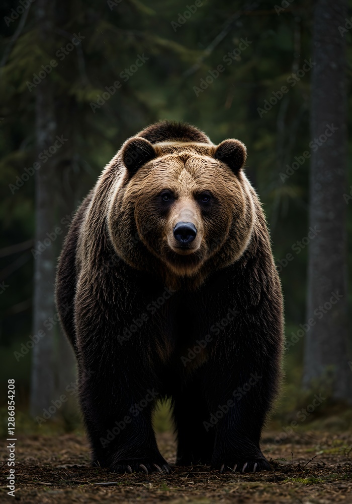Powerful Brown Bear Standing in Dense Forest Looking Directly at Camera, Majestic Wildlife Shot in Natural Habitat. Powerful Brown Bear Standing in Dense Forest Looking Directly at Camera, Majestic Wildlife Shot in Natural Habitat.