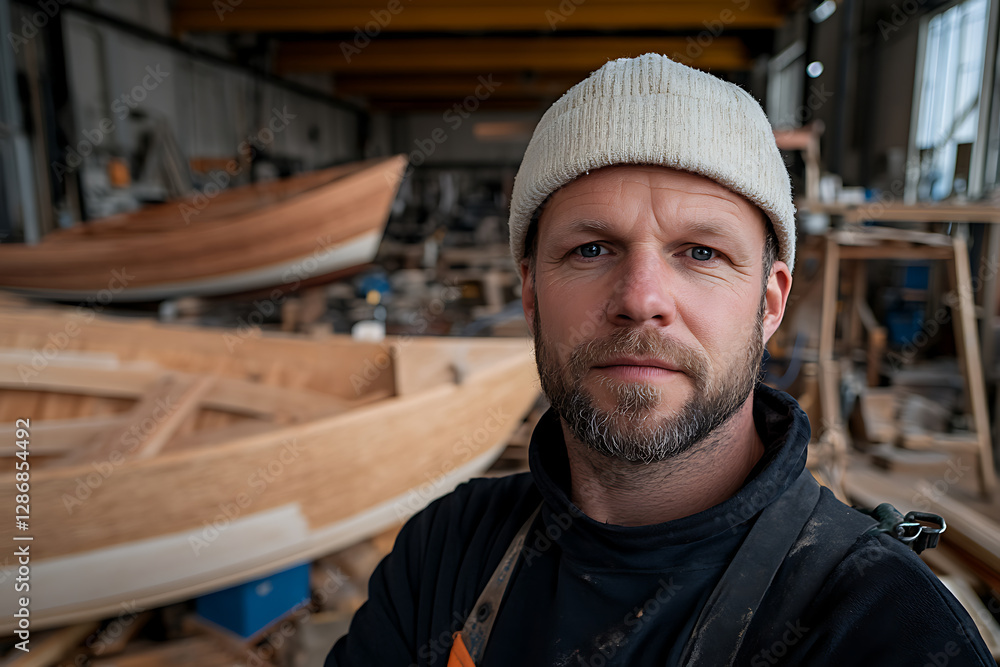 Boat builder in his workshop, focused on his craft, with wooden boats under construction in the background, showcasing skill and tradition. Boat builder in his workshop, focused on his craft, with wooden boats under construction in the background, showcasing skill and tradition.