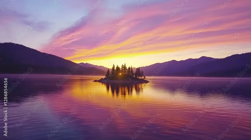 Obraz premium Island Trees Reflecting Sunset Colors on Lake with Mountains in Background