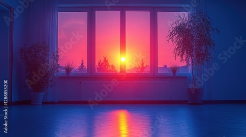 Serene Sunset View Through Window with Colorful Sky and Plants