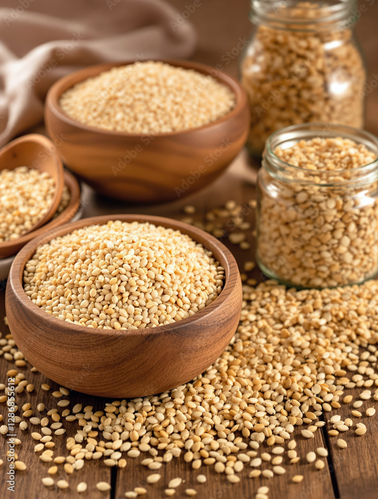 Wholesome selection of whole grains including quinoa, brown rice, and oats in natural light Wholesome selection of whole grains including quinoa, brown rice, and oats in natural light