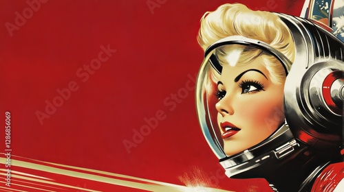 Vintage style illustration of a glamorous astronaut in outer space