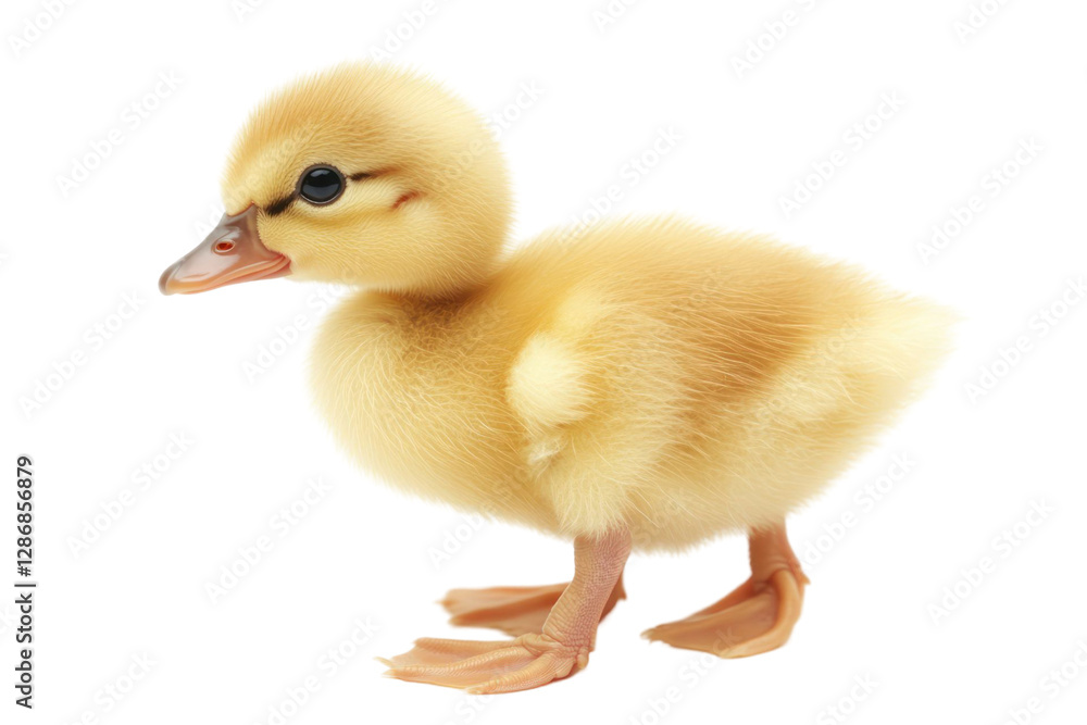 Close up of adorable fluffy yellow duckling with orange beak walking isolated on transparent background. Side view with detailed feather texture. Soft lighting and high quality Close up of adorable fluffy yellow duckling with orange beak walking isolated on transparent background. Side view with detailed feather texture. Soft lighting and high quality