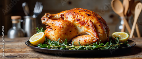 Golden roast chicken garnished with herbs on rustic table, culinary delight