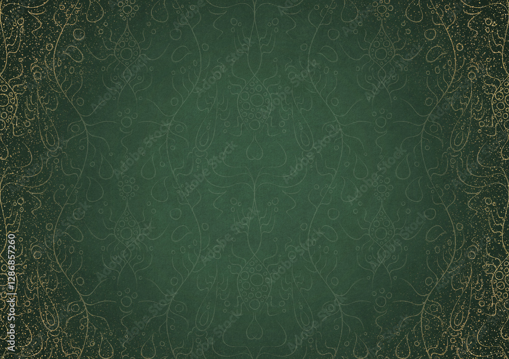 custom made wallpaper toronto digitalHand-drawn unique abstract ornament. Light green on a dark warm green background, with vignette in golden glitter and splatters on darker background color. Paper texture. A4. (pattern: p13-1b)
