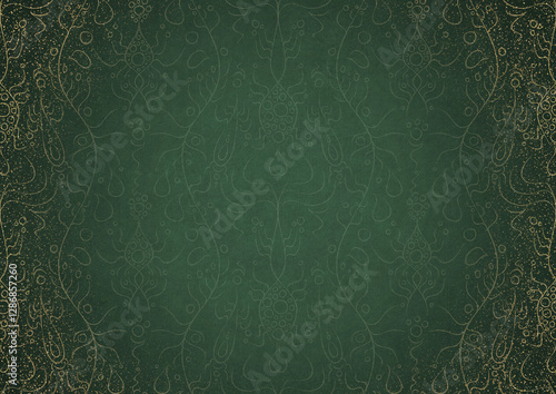 Wallpaper Mural Hand-drawn unique abstract ornament. Light green on a dark warm green background, with vignette in golden glitter and splatters on darker background color. Paper texture. A4. (pattern: p13-1b) Torontodigital.ca
