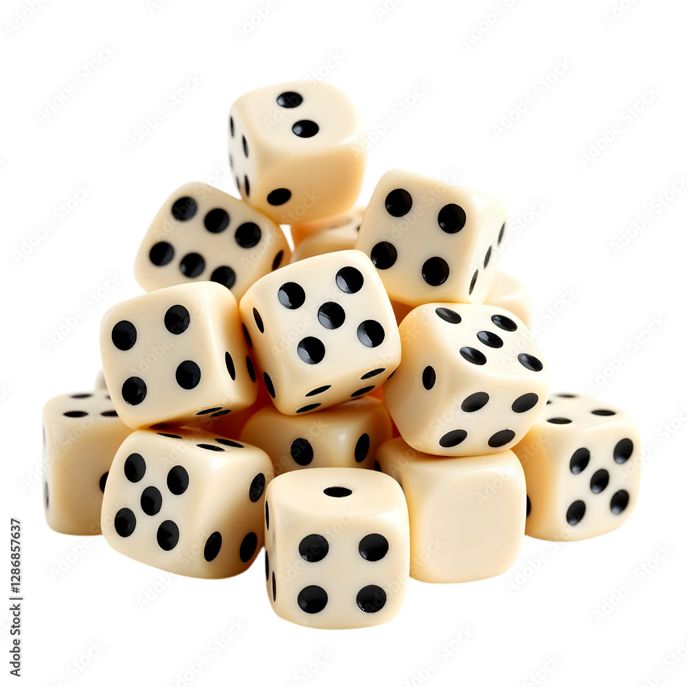 Pile of White Dice with Black Dots for Gaming or Decoration Pile of White Dice with Black Dots for Gaming or Decoration