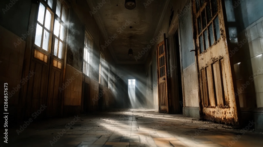 Fototapeta premium Mysterious abandoned hallway derelict building photography dimly lit perspective of shadows and light