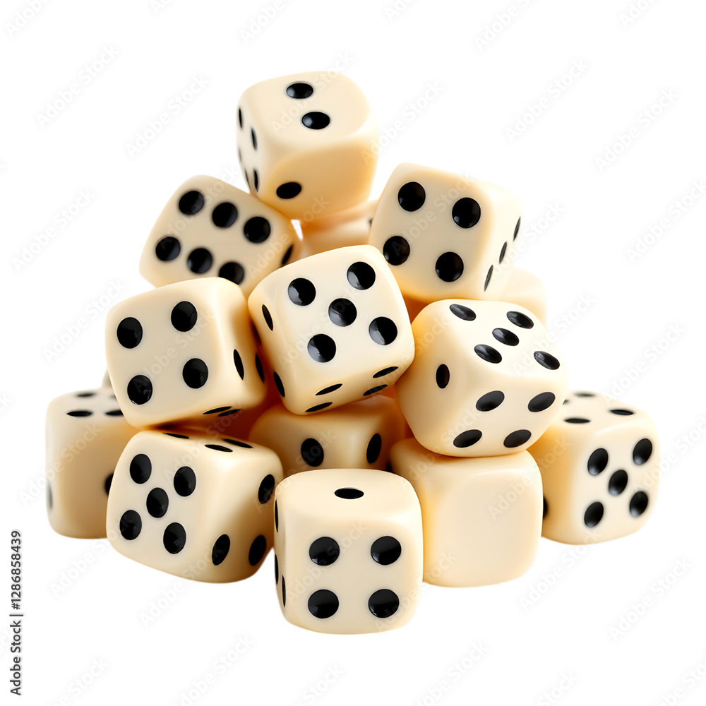 Pile of White Dice with Black Dots for Gaming or Decoration Pile of White Dice with Black Dots for Gaming or Decoration