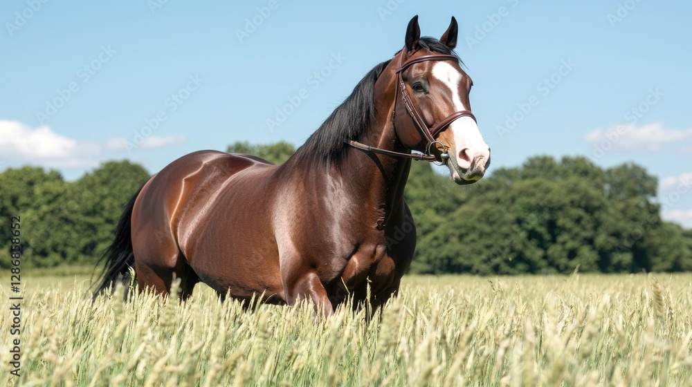 Chestnut horse in summer field, equine portrait, rural background, farm animal photography Chestnut horse in summer field, equine portrait, rural background, farm animal photography