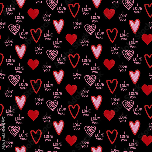 Quadro su tela Hand-Drawn Hearts Love Typography Seamless Pattern
