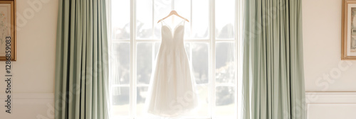Elegant wedding dress hanging in front of a window. Soft light fills the room, creating a beautiful and romantic scene for a special day.