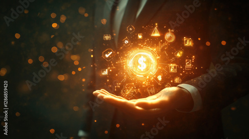 Financial Success Businessman Holding Digital Currency and Data