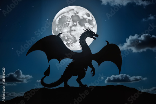 Majestic dragon silhouette against full moon, mystical night sky
