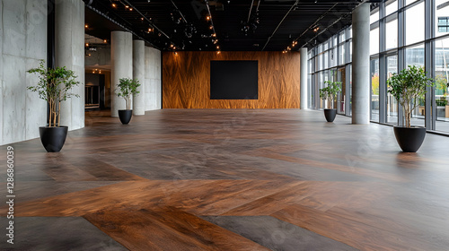 Modern empty office lobby with wood floor  large windows  plants