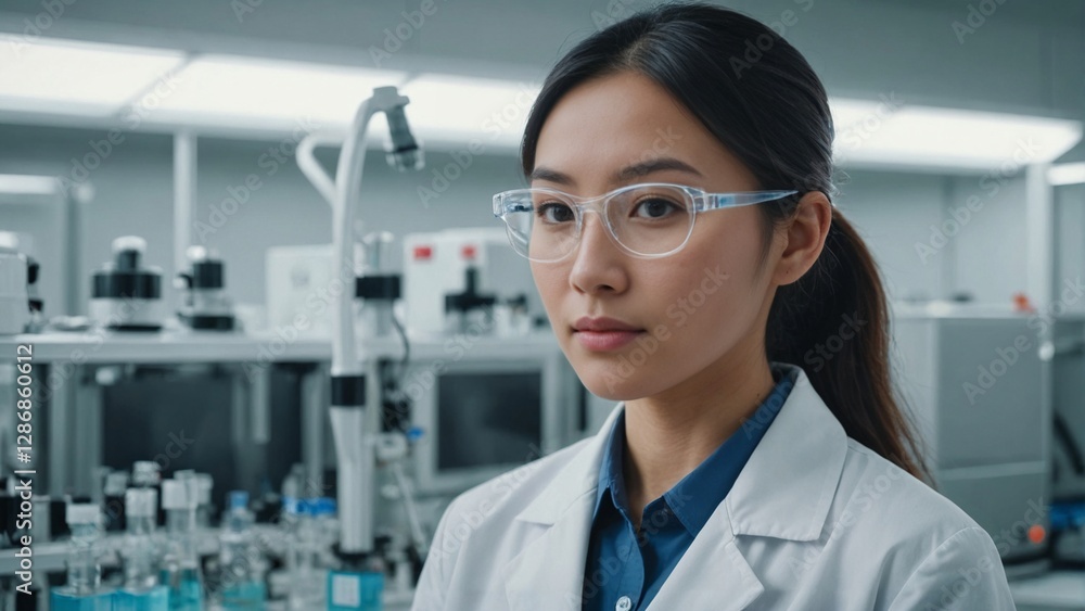 Focused Vietnamese female pharmaceutical researcher in a pristine lab coat and safety goggles within a modern biotech cleanroom, embodying innovation in healthcare Focused Vietnamese female pharmaceutical researcher in a pristine lab coat and safety goggles within a modern biotech cleanroom, embodying innovation in healthcare
