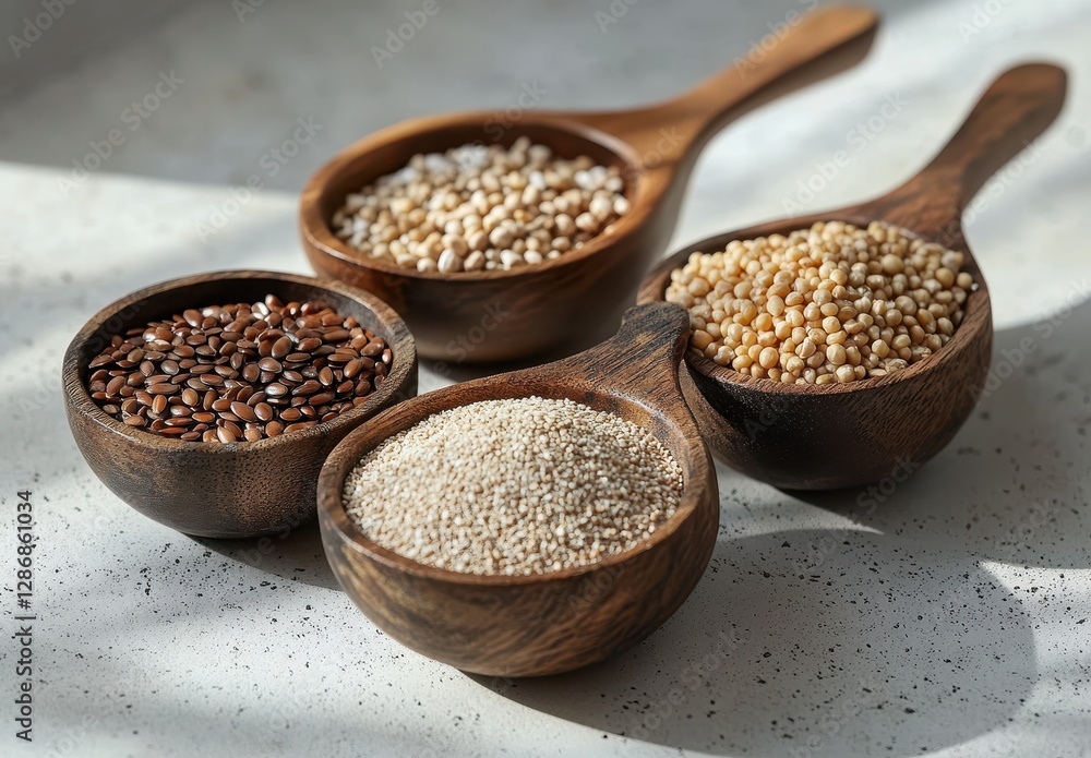 Diverse Varieties of Natural Seeds Displayed in Wooden Spoons on Light Background for Culinary and Health Concepts Diverse Varieties of Natural Seeds Displayed in Wooden Spoons on Light Background for Culinary and Health Concepts