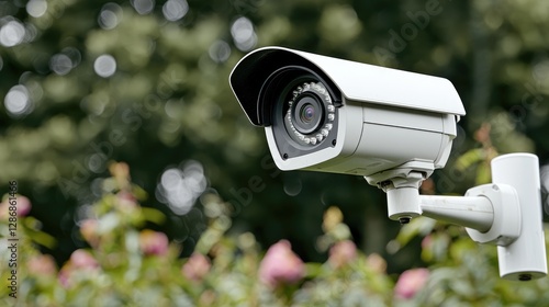 Security camera outdoors, garden background, monitoring, safety