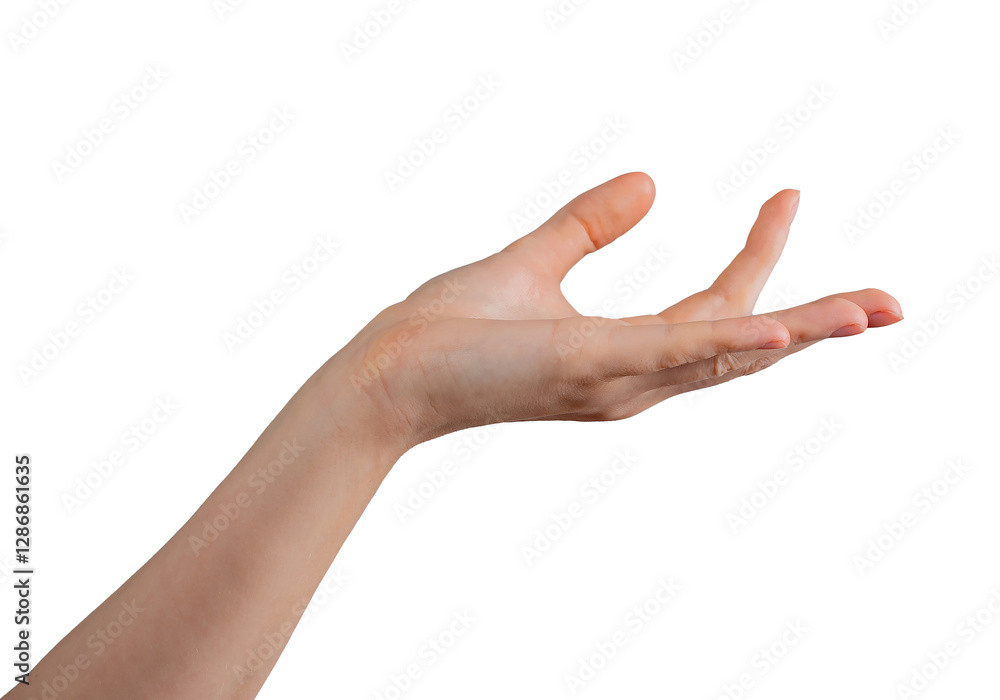 Female hand elegantly positioned in a presenting gesture, fingers gracefully curved as if showcasing or holding an unseen object. Symbolizing advertising, presentation, or offering. Side view, Female hand elegantly positioned in a presenting gesture, fingers gracefully curved as if showcasing or holding an unseen object. Symbolizing advertising, presentation, or offering. Side view,