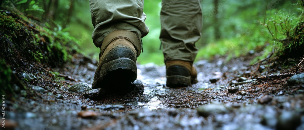 Boots travel a muddy forest path, capturing the essence of an adventurous and immersive journey into nature's serene embrace. Boots travel a muddy forest path, capturing the essence of an adventurous and immersive journey into nature's serene embrace.