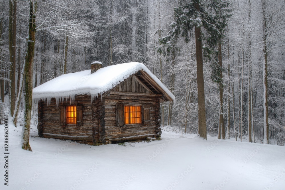Cozy log cabin surrounded by snow-covered trees in a tranquil winter forest setting Cozy log cabin surrounded by snow-covered trees in a tranquil winter forest setting
