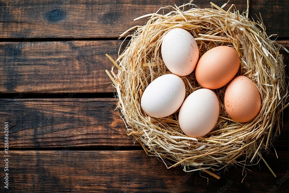 A cozy arrangement of five eggs rests in a nest of straw on a wooden table. These fresh eggs, two brown and three white, evoke a farm-fresh atmosphere ideal for culinary inspiration A cozy arrangement of five eggs rests in a nest of straw on a wooden table. These fresh eggs, two brown and three white, evoke a farm-fresh atmosphere ideal for culinary inspiration