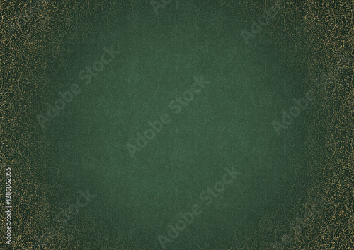 Wallpaper Mural Hand-drawn unique abstract ornament. Light green on a dark warm green background, with vignette in golden glitter and splatters on darker background color. Paper texture. A4. (pattern: p13-2c) Torontodigital.ca