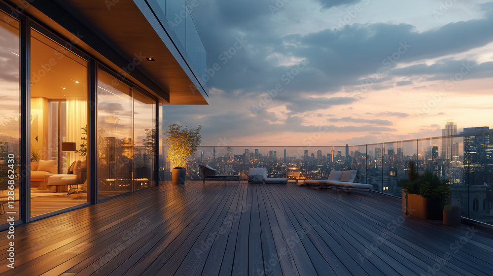 Fototapeta premium Chic Outdoor Terrace with Wooden Deck and Glass Wall Overlooking City Skyline, Soft Evening Lighting Creating a Modern Relaxed Atmosphere for Urban Lifestyle or Fashion Product Display