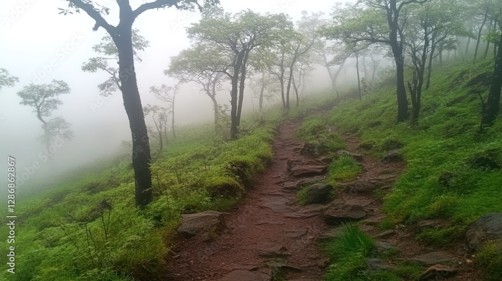 Obraz premium Hiking Trail Through Misty Green Forest Landscape with Trees and Fog