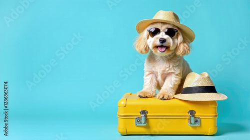 Happy dog in straw hat and sunglasses sitting near yellow siutcase on blue background. Vacation with pets. Concept of travel and life with animal. Pet friendly hotels, rent apartment