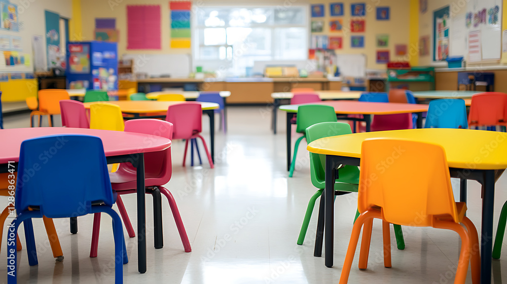 A vibrant, inviting classroom awaits young learners with colorful tables and chairs ready for creative activities and collaborative projects. A vibrant, inviting classroom awaits young learners with colorful tables and chairs ready for creative activities and collaborative projects.