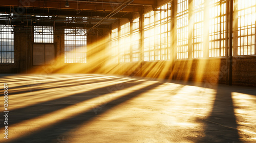 Bright Industrial Space with Sunlight and Shadows